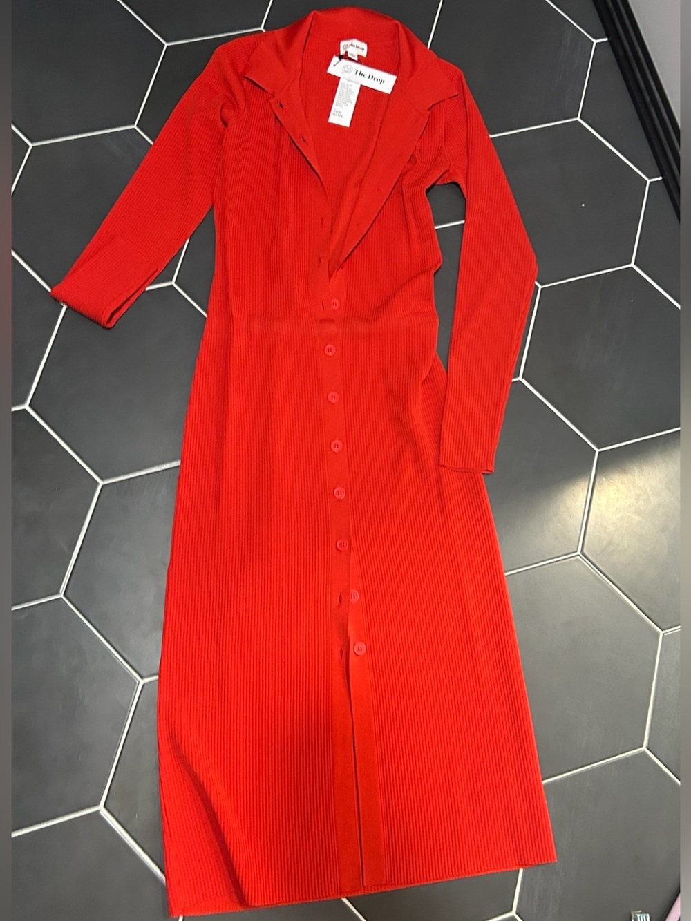 Red Long Sleeve Button-Front Knit Dress from The Drop